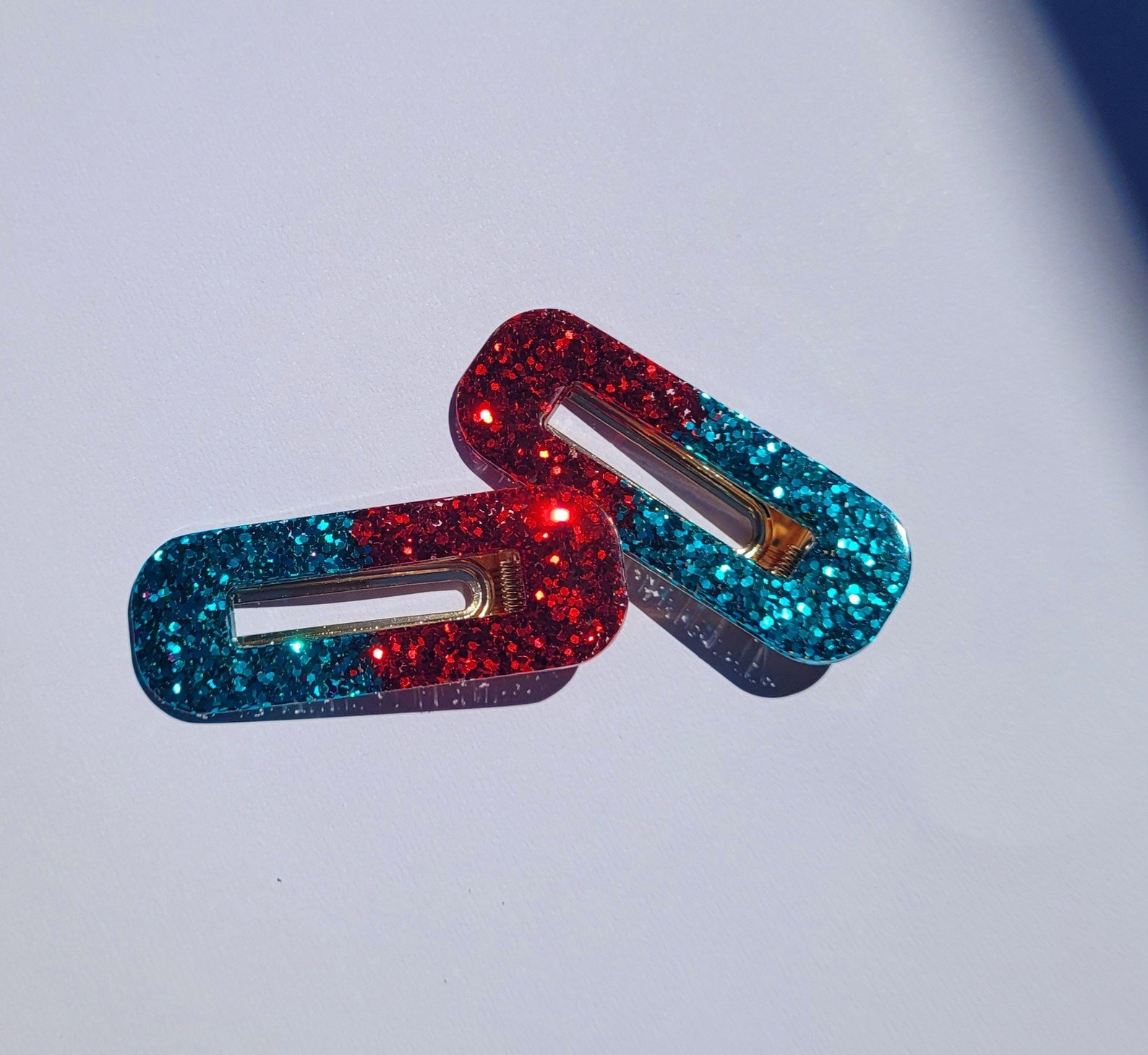 2 Teal & Cherry Red Hair Clips Resin Hair Clips Glitter Etsy