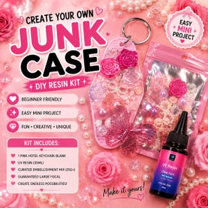 May include: A DIY resin kit for a junk case keychain, featuring a pink hotel-style keychain blank, a 30ml bottle of UV resin, and a bag of assorted embellishments including pink roses, pearls, and a large butterfly focal piece.