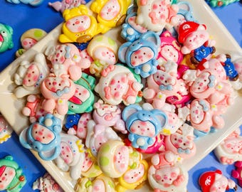 Kawaii Piggy Resin Charms: Dressed Up Flatbacks for Decoden Crafts - 10 pc Set