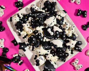 Black White Kawaii Cat Resin Charms, Mini Flatback DIY Crafts (10 Piece Set)