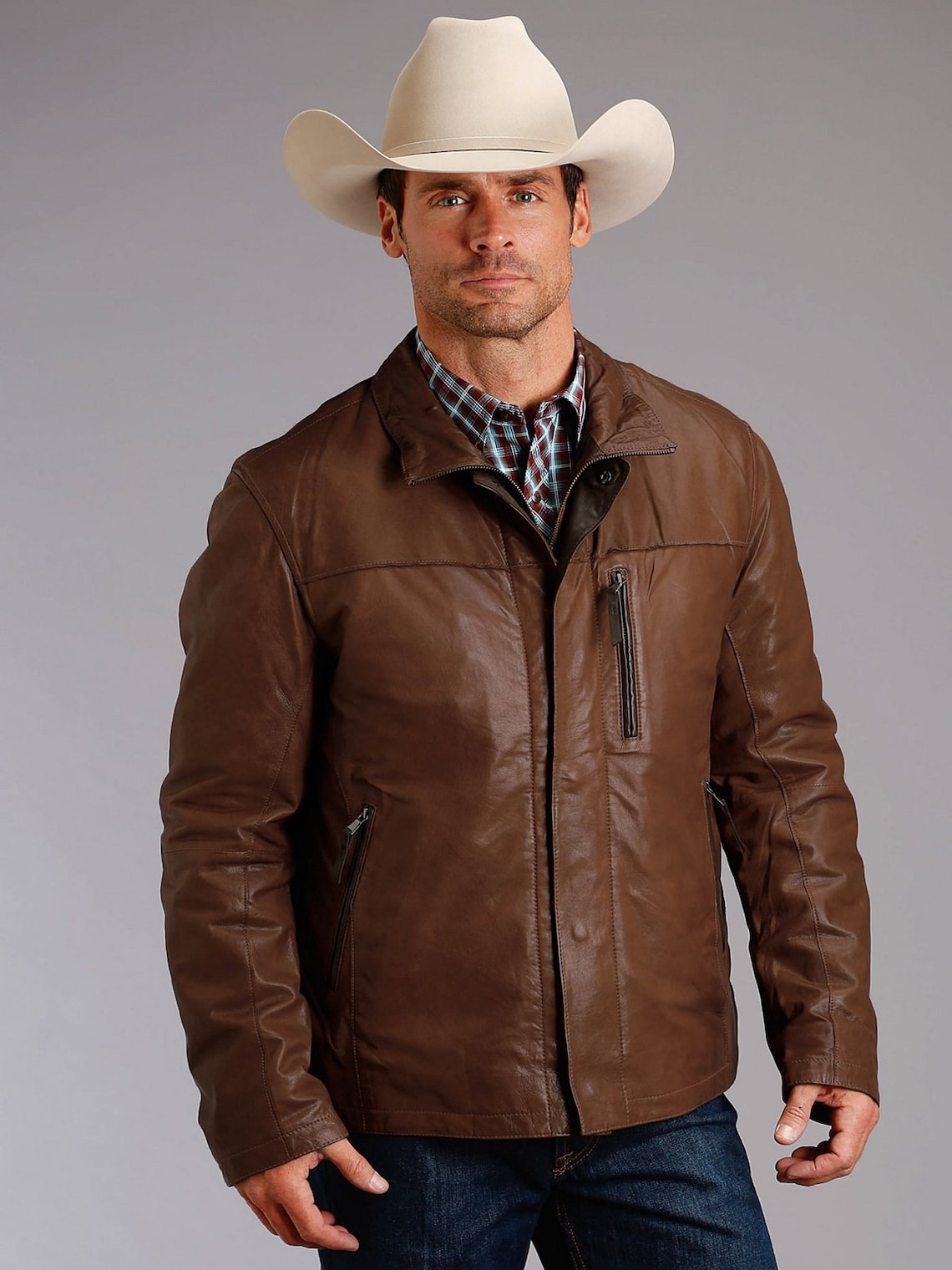 Mens Western Cowboy Genuine Brown Leather Jacket Cowboy Etsy