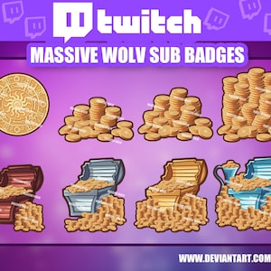 Könnte beinhalten: Ein Satz Twitch-Abo-Badges mit einem Goldmünzen-Design. Die Badges zeigen einen Stapel Goldmünzen, eine Truhe, die überquillt mit Goldmünzen, und eine Truhe mit einem Sonnensymbol auf dem Deckel. Der Text "MASSIVE WOLV SUB BADGES" wird oben im Bild angezeigt.