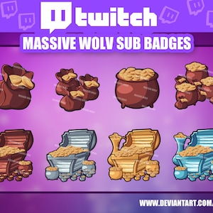 Könnte beinhalten: Acht Twitch-Abonnenten-Badges mit verschiedenen Designs von Schatztruhen und Säcken, die mit Goldmünzen gefüllt sind. Die Badges sind im Cartoon-Stil mit einem violetten Hintergrund gestaltet. Der Text "MASSIVE WOLV SUB BADGES" wird oben im Bild angezeigt.