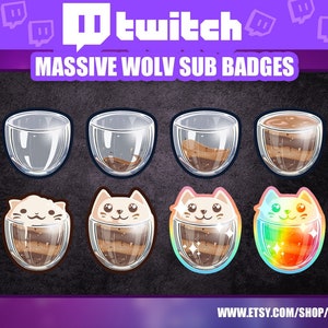 May include: Set of Twitch sub badges featuring a cartoon cat in a glass of coffee. The badges show the cat at different stages of drinking the coffee, from empty to full. The badges are designed in a cute and whimsical style.