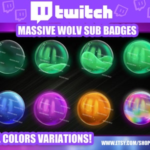Könnte beinhalten: Ein Satz von acht Twitch-Abo-Abzeichen mit bunten, leuchtenden Kugeln, auf denen der Text "MASSIVE WOLV" wiederholt um den Rand herum verläuft. Der Text "MASSIVE WOLV SUB BADGES" und "ALL COLORS VARIATIONS!" wird oben und unten im Bild angezeigt. Die Website-Adresse "WWW.ETSY.COM/SHOP/MASSIVEWOLV" wird unten rechts im Bild angezeigt.