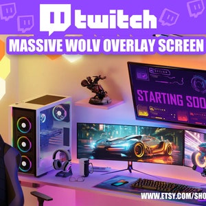 May include: A white computer tower with RGB lighting, a gaming chair, a desk with a microphone, a keyboard, and two monitors. One monitor displays a racing game and the other monitor displays a "STARTING SOON" overlay. The desk has a purple and pink light strip. The background is a white wall with a poster and a hexagon-shaped light fixture.