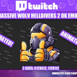 Könnte beinhalten: Animiertes Twitch-Emote mit einem Charakter aus dem Spiel Helldivers 2. Der Charakter trägt einen schwarzen und gelben Helm und zeigt einen Daumen nach oben. Das Emote ist in zwei Größen verfügbar: 512x512 und 112x112.