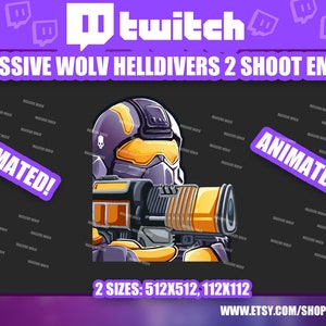 May include: Animated Twitch emote featuring a purple and yellow space soldier holding a gun. The emote is available in two sizes: 512x512 and 112x112. The text "MASSIVE WOLV HELLDIVERS 2 SHOOT EMOTE" is at the top of the image.