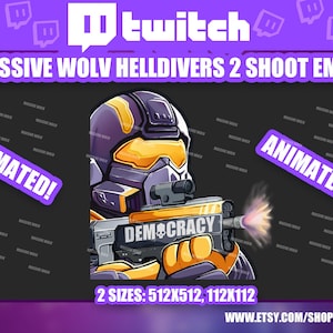 May include: Animated Twitch emote featuring a purple and yellow character holding a gun with the text "DEMOCRACY" on it. The emote is available in two sizes: 512x512 and 112x112.