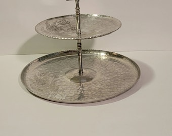 2 Tier Cupcake Stand Hammered Aluminum with Irises
