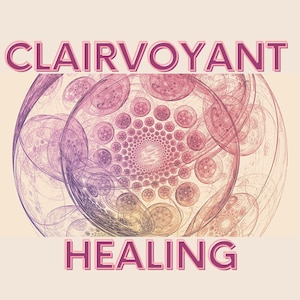Op de afbeelding: Een abstract ontwerp in roze en paars met de woorden "Clairvoyant Healing" in een roze en paarse lettertype.