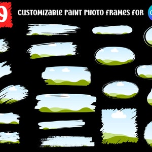 以下が含まれることがあります： Canva 用の 19 個のカスタマイズ可能なペイント写真フレーム。フレームは、円形、楕円形、長方形、正方形など、さまざまな形とサイズがあります。フレームはすべて白で、黒いアウトラインと、白い雲と緑の丘のある青い空が内側にあります。