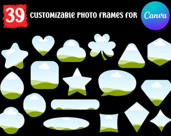 May include: 39 customizable photo frames for Canva. The frames are in various shapes, including stars, hearts, clouds, and diamonds. Each frame features a blue sky with white clouds and a green grassy landscape.