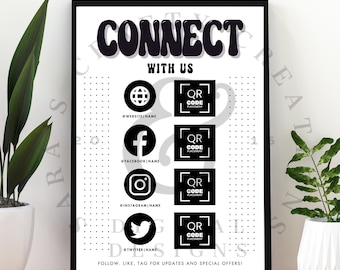Modèle de code QR personnalisable pour les réseaux sociaux, modèle canevas, code QR personnalisé Connectez-vous avec nous, dépliants de lien commercial avec code QR