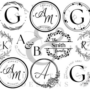 10 aanpasbare sjabloonontwerpen voor monogramstickers van 2 inch voor thermisch printen of cricut, aangepaste trouwstickers, canvassjabloon
