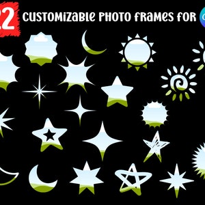 May include: 22 customizable photo frames for Canva. The frames feature a variety of shapes, including stars, suns, moons, and clouds. The frames are all white with a green and blue gradient.