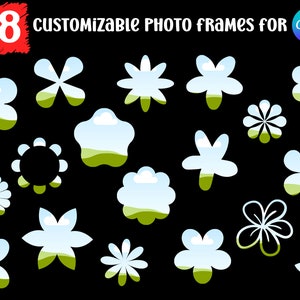 May include: 18 customizable photo frames for Canva. The frames are in the shape of flowers, stars, and other geometric shapes. The frames are white with a blue sky and green grass background.