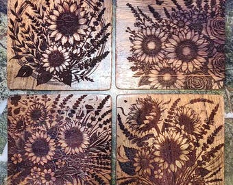 Posavasos de madera con girasoles grabados – Diseño de flores silvestres