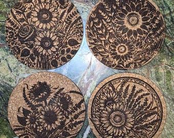 Posavasos de corcho con girasol grabado - Juego de 4, diseño floral