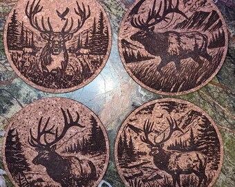 Posavasos de corcho con alce grabado - Decoración rústica de cabaña, juego de 4