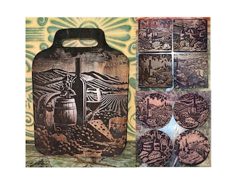 Tabla de cortar de viñedo hecha a mano con posavasos grabados opcionales