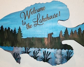 Letrero de bienvenida de Lakehouse - Decoración de pared de lubina pintada a mano