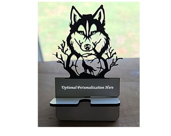 Soporte para teléfono móvil con diseño de lobo aullando a la luna cortado con láser