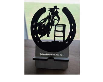 Soporte para celular Cowgirl Barrel Racer – Pizarra blanca cortada a láser