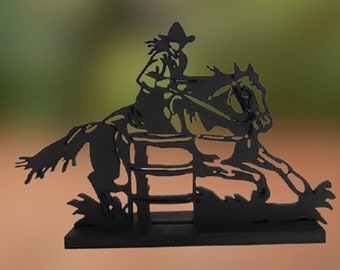 Decoración de madera de corredor de barriles cortada a láser: Exhibición de mesa de vaquera rodeo