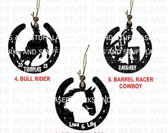Adorno navideño personalizado del Oeste: silueta de herradura de vaquero/vaquera