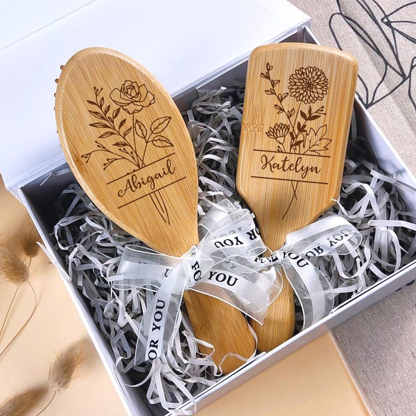 Custom Name Bamboo Hair Brush with Birth Flower: Bridesmaid Gift