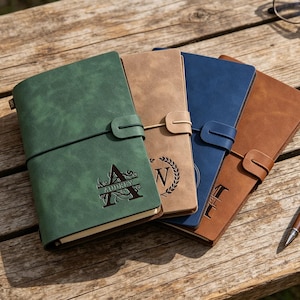 Puede incluir: Cuatro diarios rectangulares con cubiertas lisas en verde, beige, azul y marrón. Cada diario cuenta con un cierre de correa y un monograma grabado con láser personalizado con un nombre. Un bolígrafo de metal marrón y gafas están cerca.