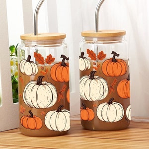 Kürbis geeist Kaffeetasse mit Deckel und Strohhalm, Kürbis Glasdose Kaffeetasse, Herbst Kaffeetasse, Herbst Geschenk, Halloween Geschenk für Sie