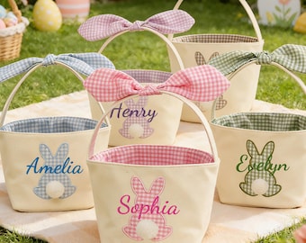 Canasta de Pascua personalizada para niños, canasta de conejito con nombre personalizado, canasta con nombre de bebé, canasta de búsqueda de huevos de Pascua
