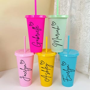 Custom Name Cold Cup with Straw and Lid, Named Plastic Tumbler, Bridesmaid Proposal Gift, Bachelorette Party Cups, Reusable Summer Drinkware