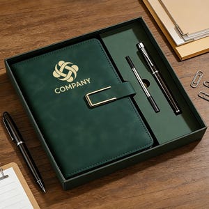 Może przedstawiać: Zestaw ciemnozielonych notatników ze złotym zapięciem, logo i napisem "COMPANY". Zestaw zawiera dwa długopisy i jest prezentowany w pasującym zielonym pudełku. Dołączone są również spinacze do papieru.