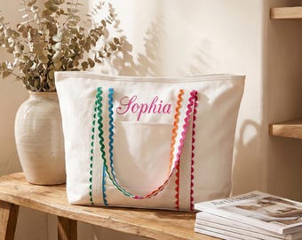 Personalized Bridesmaid Tote Bag, Rainbow Ric Rac Canvas Tote, Custom Embroidered Name Wedding Gift, Bachelorette Party Favor