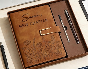 Personalisiertes neues Kapitel Journal Set, benutzerdefinierter Name Blumen Notizbuch mit Stift, Abschlussgeschenk, Ruhestandsgeschenk für Frauen, Mitarbeiter Abschied