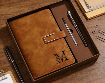 Custom Engraved Leather Journal Set with Pen, Personalized Notebook, Graduation Gift