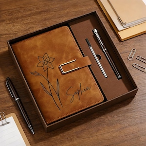 Engraved Birth Flower Leather Journal, Personalized Name Notebook Set, Graduation Gifts for Her