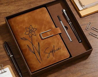 Engraved Birth Flower Leather Journal, Personalized Name Notebook Set, Birthday Gifts for Her, Thank You Teacher Gifts, Graduation Gift