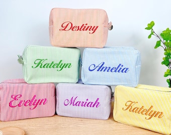 Embroidered Seersucker Makeup Bag: Personalized Cosmetic & Toiletry Bag
