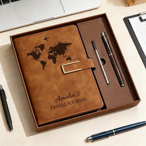 Set de regalo de diario de viaje de cuero personalizado, cuaderno de viaje personalizado con bolígrafo, diario de viaje, regalo para viajeros (hombres y mujeres), regalo de graduación