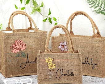 Bridesmaid Gifts, Bridesmaid Tote Bag, Personalized Tote Bag, Birth Flower Tote Bag, Personalized Gift Bag, Burlap Tote Bag, Custom Tote Bag