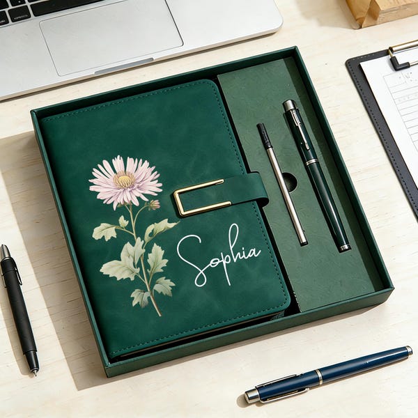 Conjunto de Caderno e Caneta Personalizados com Flor de Nascimento, Diário de Couro com Nome Personalizado, Diário da Flor do Mês de Nascimento para Mulheres, Presente de Aniversário/Professor