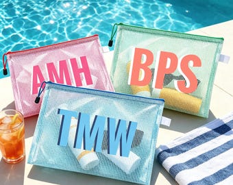 Borsa da piscina con monogramma Shadow, pochette impermeabile personalizzata, borsa da piscina estiva personalizzata, organizer da viaggio estivo, bomboniera per addio al nubilato.