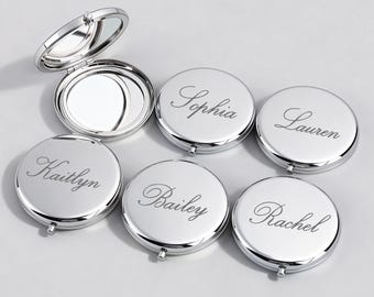 Spersonalizowane grawerowane lusterko kompaktowe, kieszonkowe lusterko z imieniem, lusterko do makijażu, prezent dla niej, prezent dla druhen, prezent ślubny