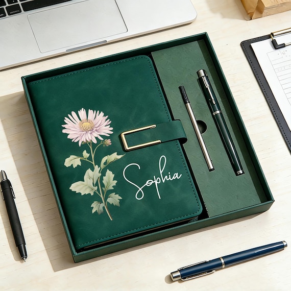 Personalized Birth Flower Notebook & Pen Set, Custom Name Leather Journal Gift, Birth Month Flower Journal for Women, Birthday/Teacher Gift