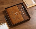 Engraved Birth Flower Leather Journal, Personalized Name Notebook Set, Graduation Gifts for Her