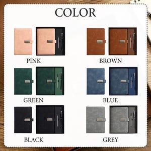 May include: A selection of notebooks and pens in various colors, including pink, brown, green, blue, black, and grey. Each set is presented in a gift box, with the word "COLOR" displayed at the top.